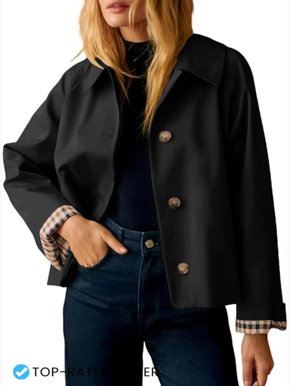 Women's Cropped Trench Coat Button Down Casual Jacket with Pockets Long Sleeve